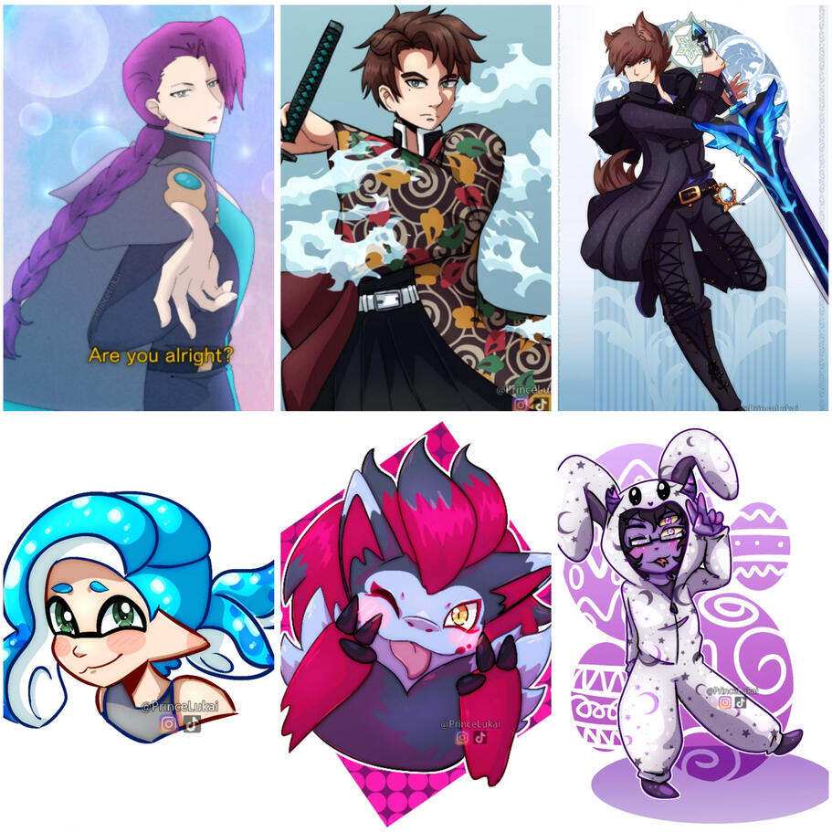 Top: Sailor Moon, Demon Slayer, Genshin Impact Style Examples | Bottom: Bubble Style Example (All Personal OCs)